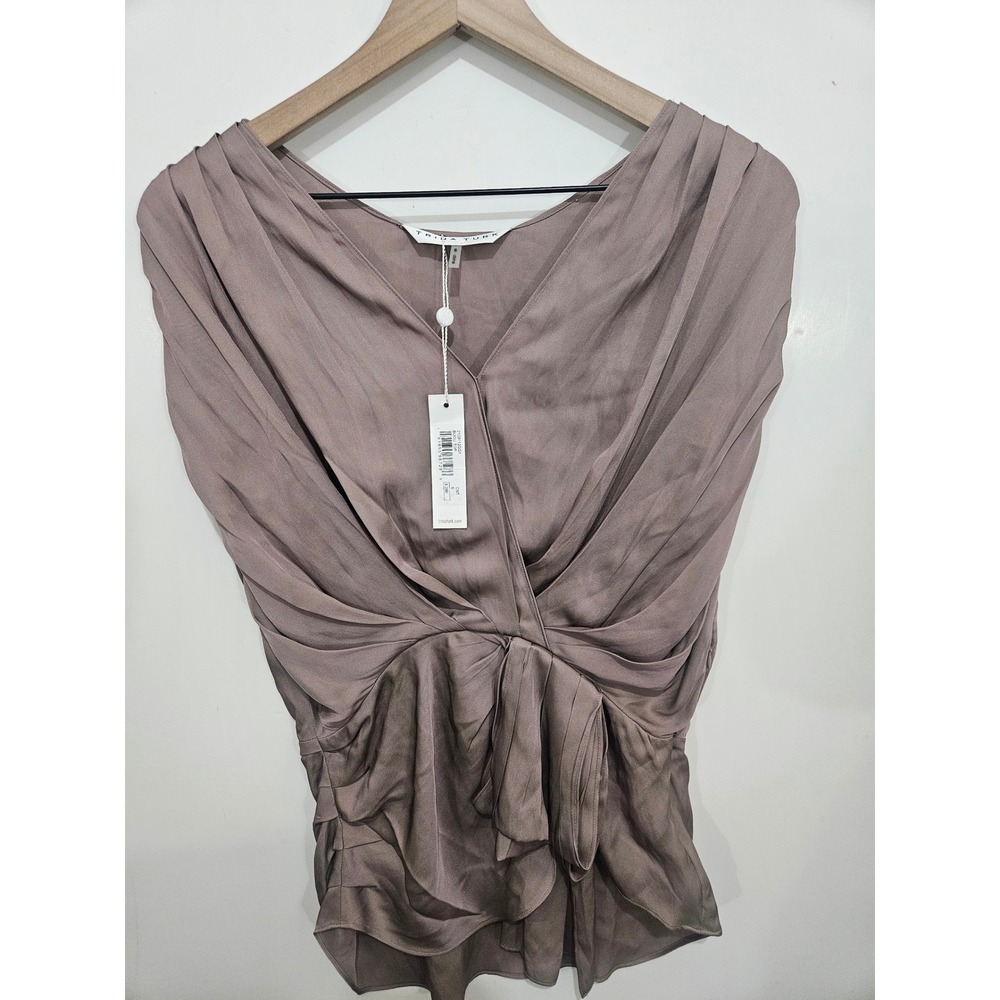 Trina Turk Bijou Top 6 NWT $298 Silk Blend Draped Wrap Tie Blouse Taupe